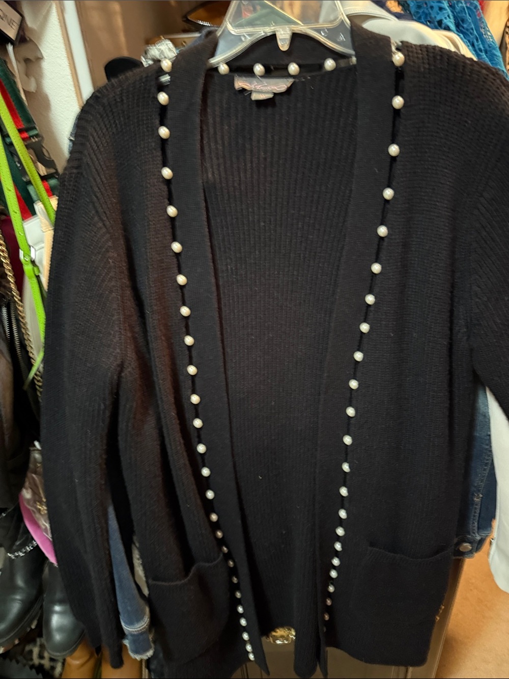 Black Pearl-Trim Open Front Women's Cardigan Sweater
